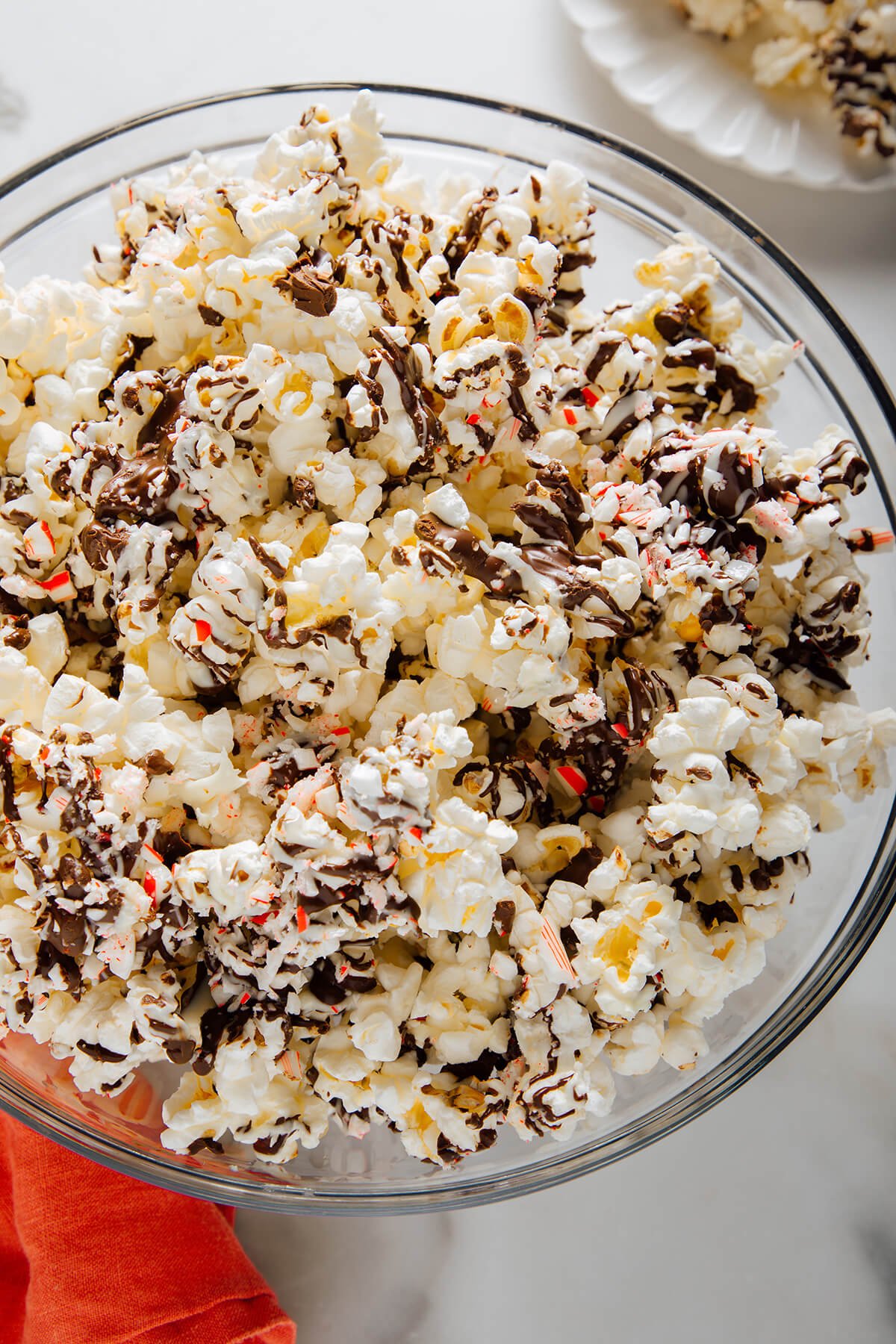peppermint bark popcorn in bowl