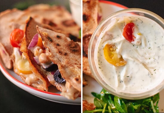 Greek quesadillas and dill yogurt dip