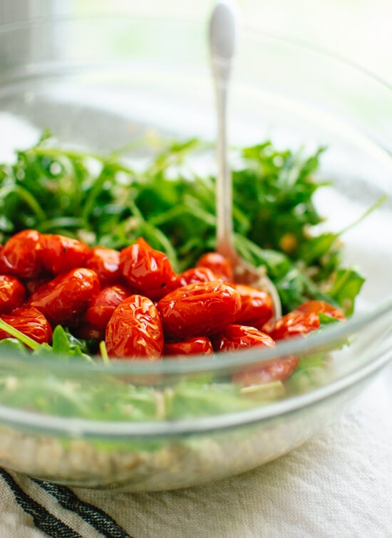 Roasted cherry tomato and arugula salad - cookieandkate.com