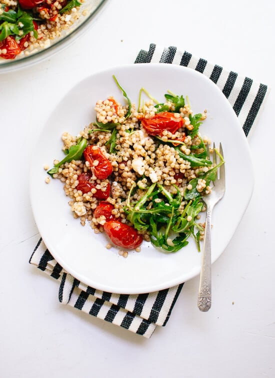 Whole grain salad with roasted cherry tomatoes, arugula and feta (gluten free) - cookieandkate.com