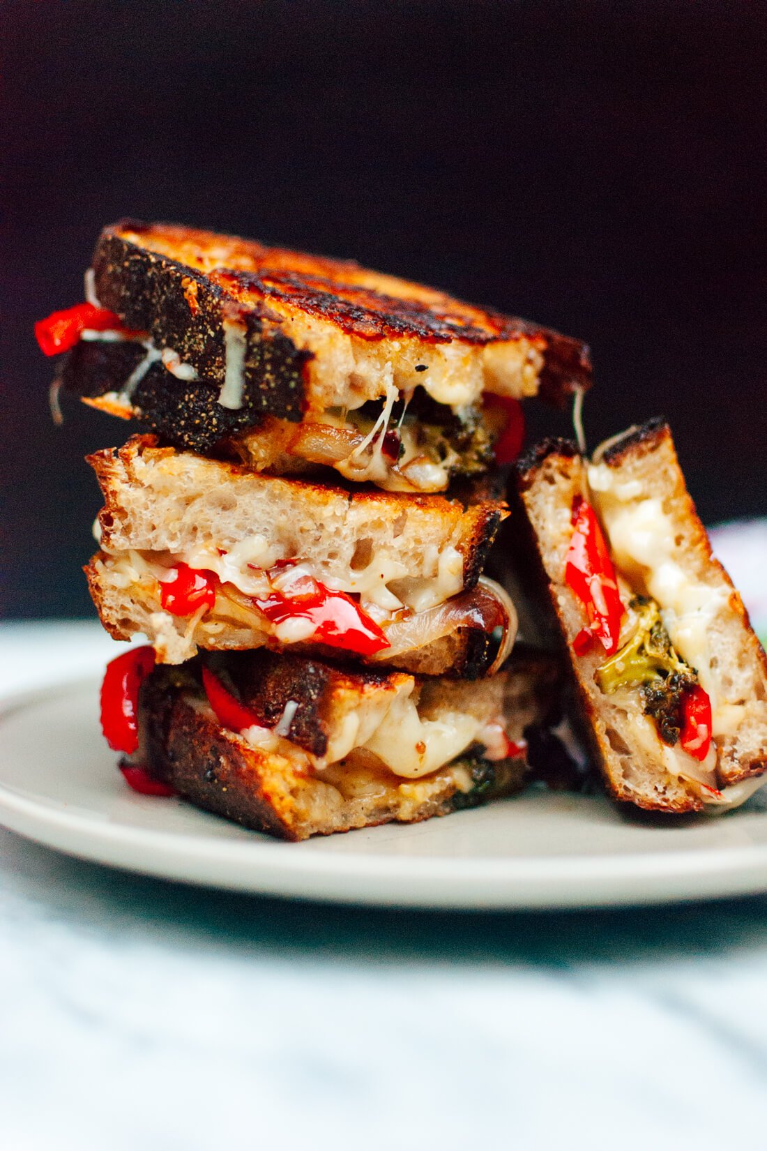 Balsamic roasted broccoli, red pepper and onion grilled cheese sandwiches