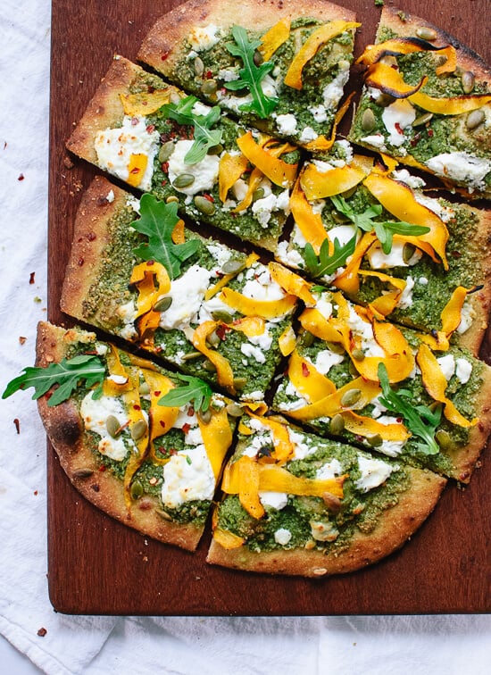 Butternut, arugula pesto and goat cheese pizza recipe - cookieandkate.com