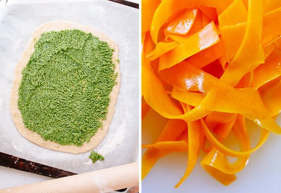 pesto pizza and butternut ribbons