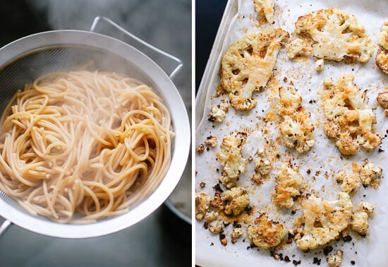 whole wheat spaghetti and roasted cauliflower