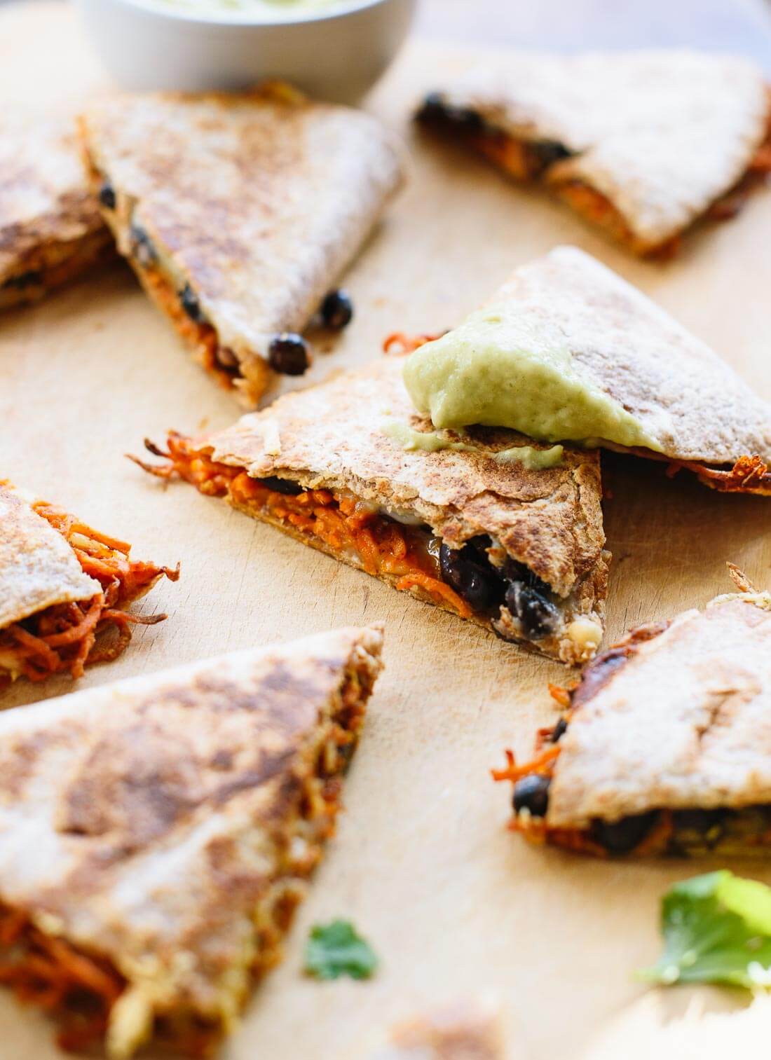 Spiralized sweet potato quesadillas with avocado salsa verde - Cookie and Kate