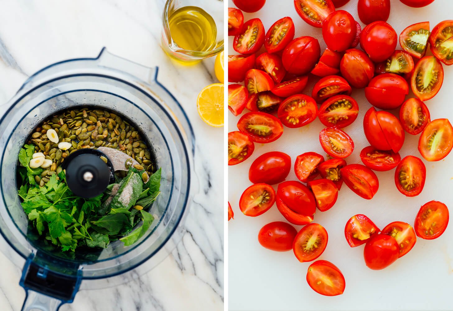pesto process and tomatoes
