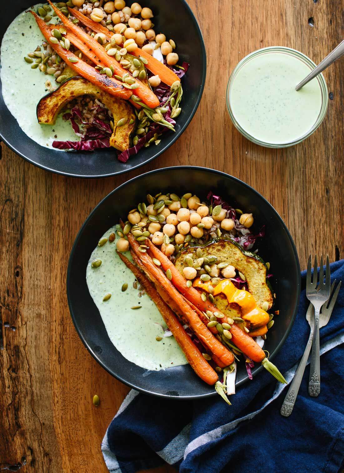 Healthy vegetarian dinner with roasted vegetables, warm whole grains, chickpeas and herbed yogurt sauce - cookieandkate.com