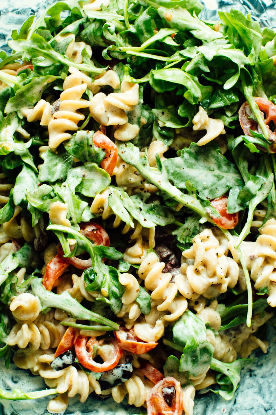 Creamy Arugula, Goat Cheese, and Tomato Pasta Salad