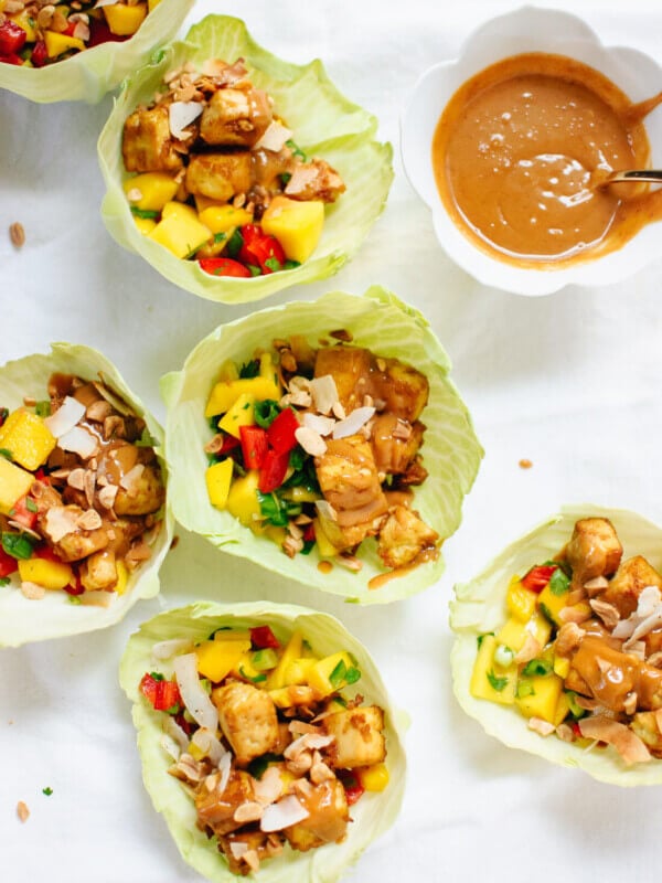 Thai Mango Cabbage Wraps with Crispy Tofu and Peanut Sauce